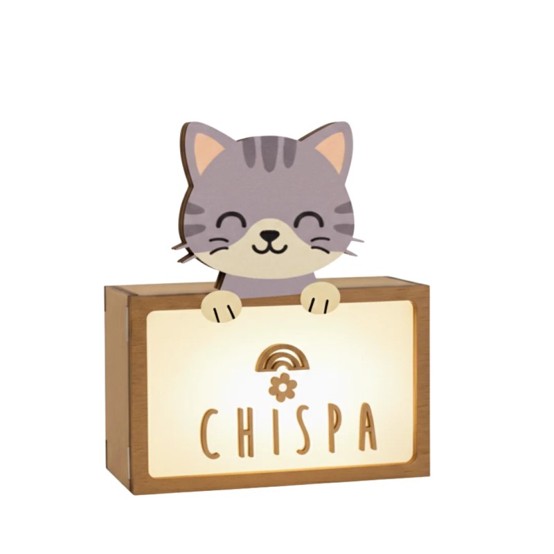 Lámpara Infantil Gato Personalizable en Madera