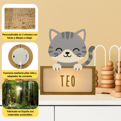 Lámpara Infantil Gato Personalizable en Madera